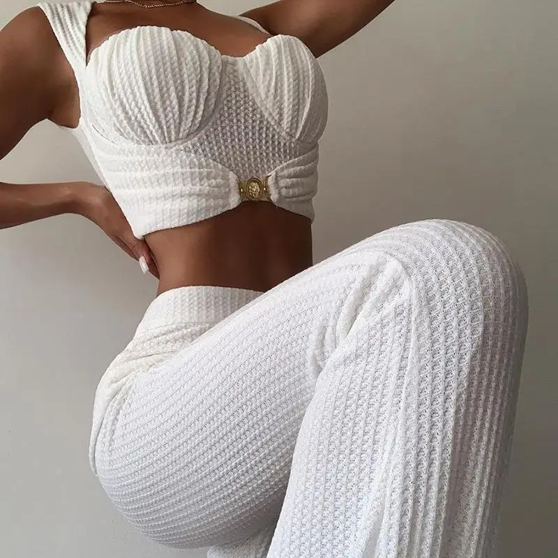 Women Sexy Club Party Suit Knitted Sleeveless Crop Vest Top + Elastic Waist Long Wide Leg Pants Lady Autumn Spring Two Piece Set