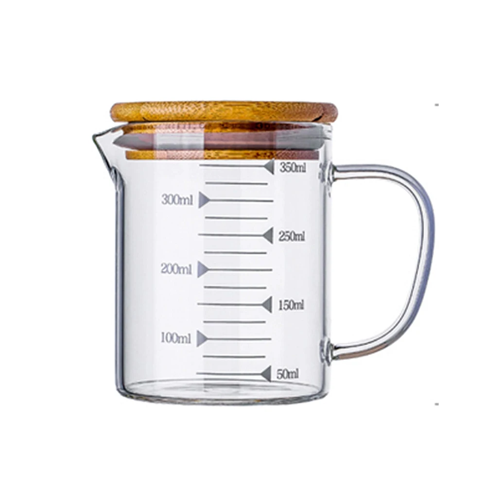350ML Graduated Beaker Mug Borosilicate Glass Multi-Function Food Grade Measuring Cup with Handle Bamboo Lid