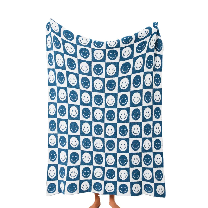 wholesale Smile Face Checkerboard Jacquard Blankets Microfiber Knitted Throw Blanket for Sofa