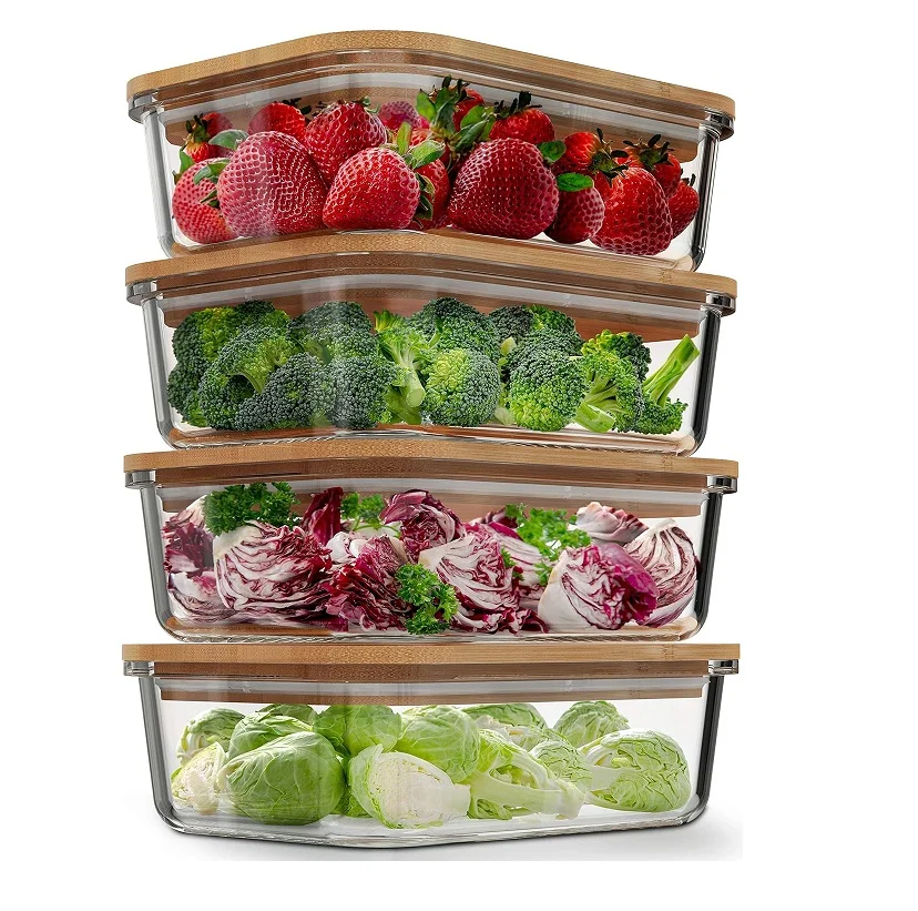 Manufacturer Eco Friendly Natural 4 Pack Glass Food Storage Containers With Bamboo Lids