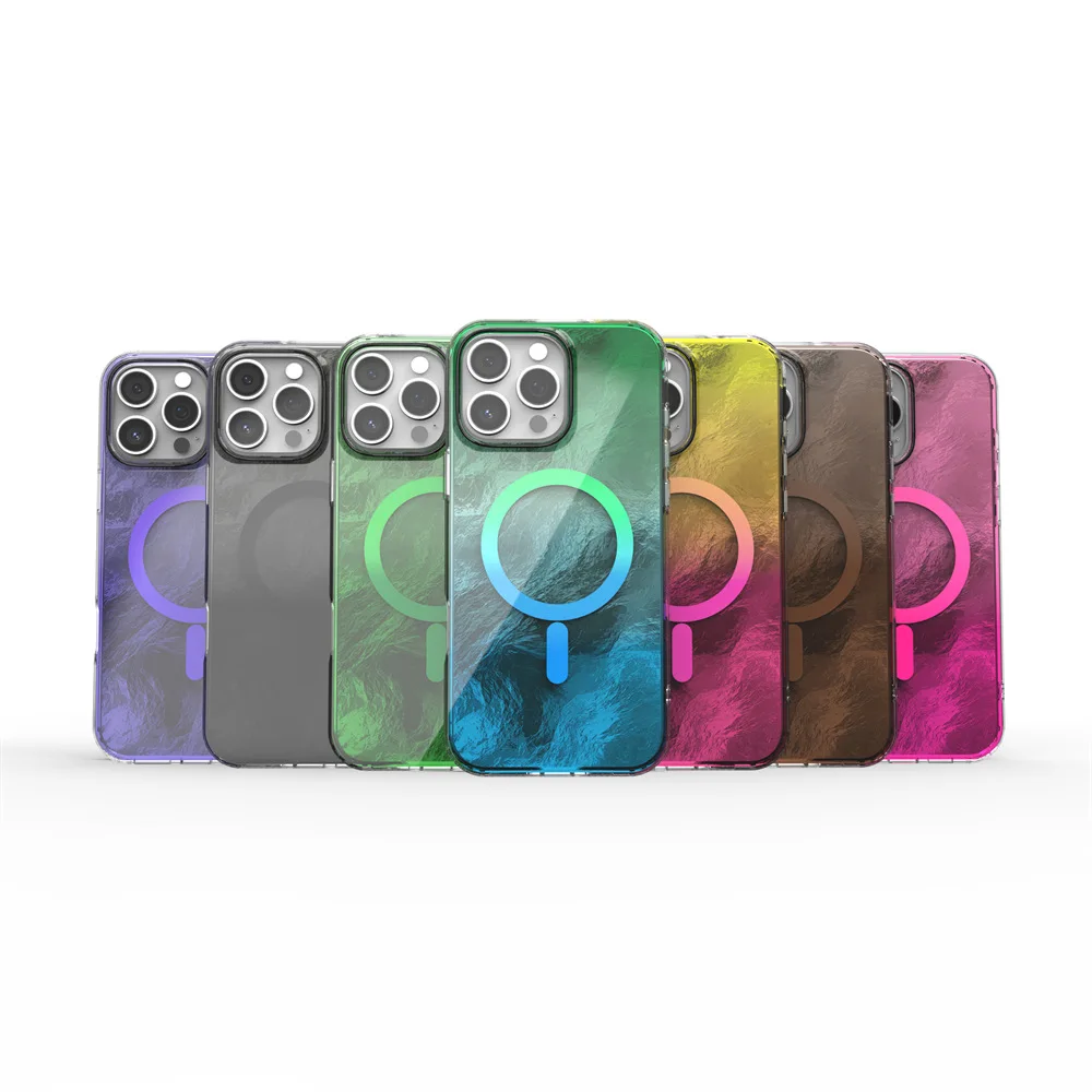 2025 New Arrival Luxury Glitter Gradient Feather Color Magnetic Wireless Charging Case for iPhone 16 15 14 Plus Pro Max