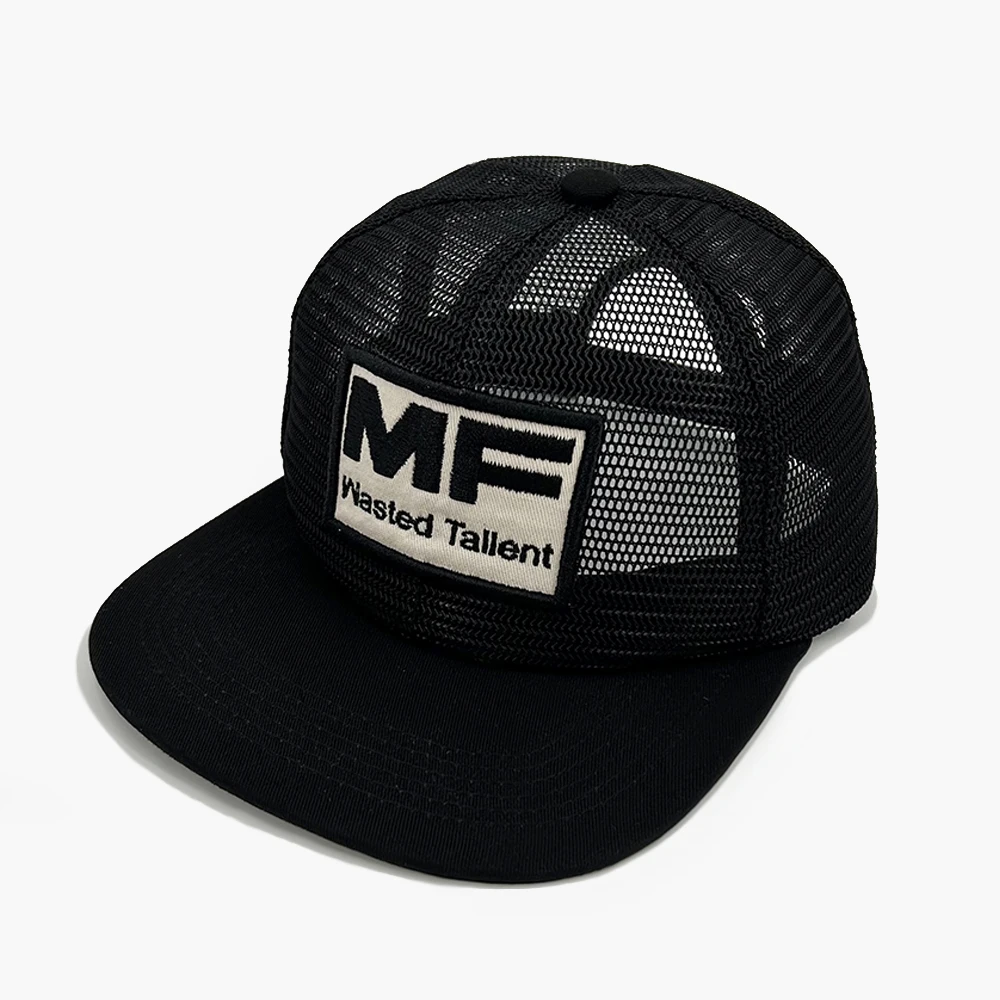 Custom Logo 6 Panel Full Mesh Cap Hats Unstructured Snapback Flat Brim Mesh With Embroidery Patch Trucker Caps