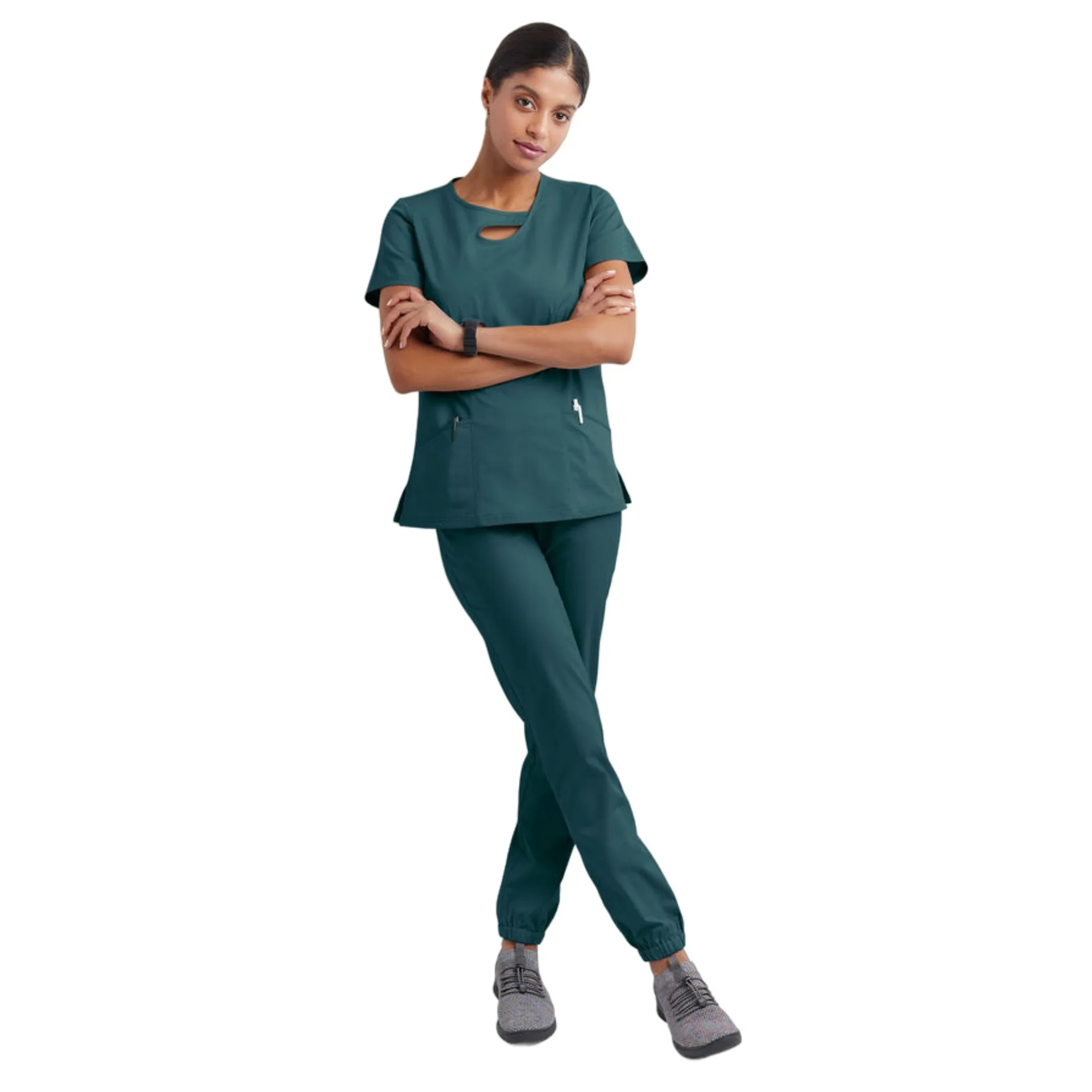 2024 New Factory Spa Nursing Medical Hospital 2 Piece Custom Logo Dental Clinic Doctor Women Jogger Button Scrubs Uniforms Set