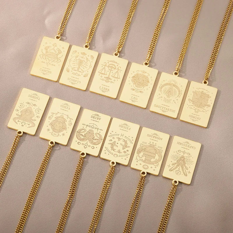 Stainless Steel 18K Gold Plated Necklaces 12 Horoscope Engraved Zodiac Tarot Cards Stamp Square Pendant Necklace Women Jewelry