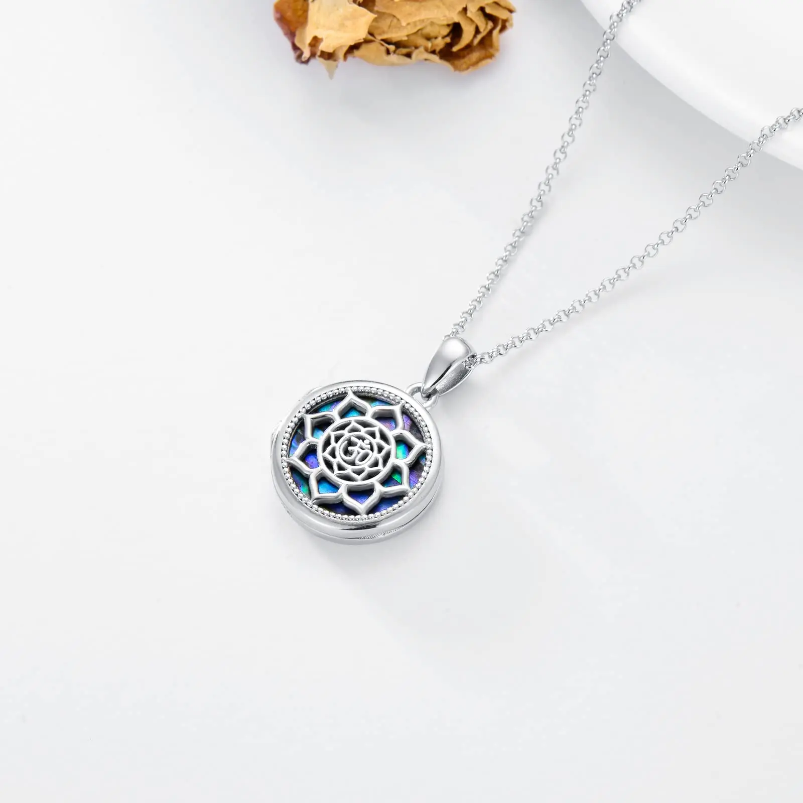 Wholesale High Quality 925 Sterling Silver Abalone Shell Lotus Photo Locket Pendant Necklace