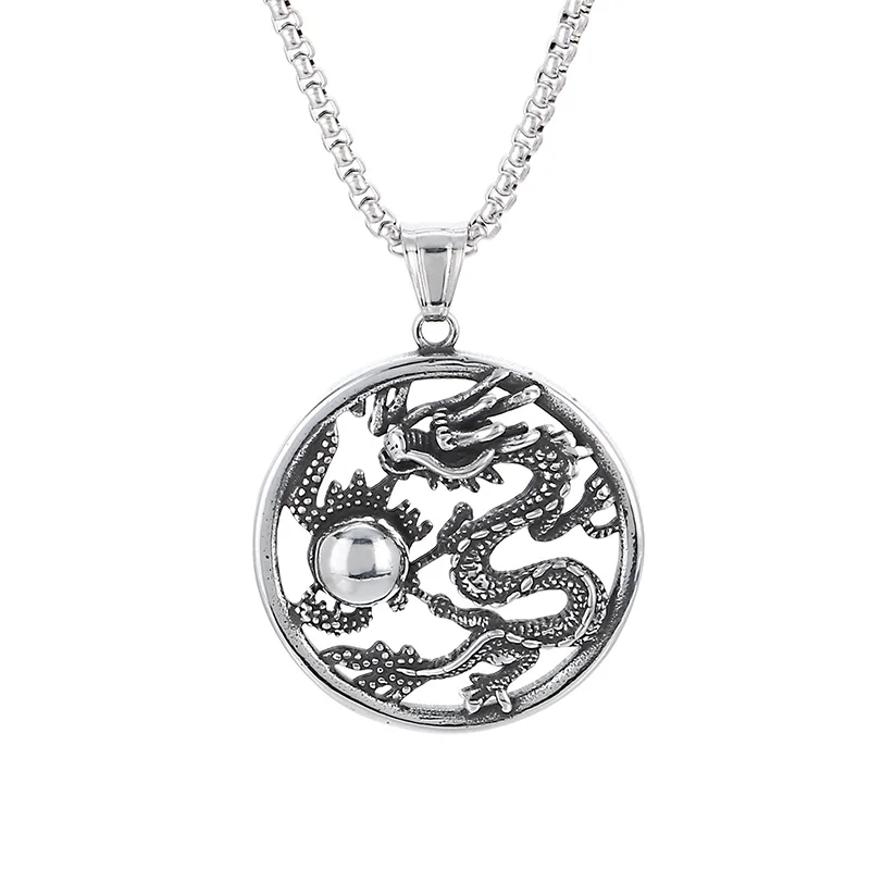KALEN Punk Men Stainless Steel Chinese Dragon Round Disc Pendants