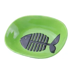 Custom ECO-Friendly ceramic oval cat feed bowl Green Cheap with fish bone desgin