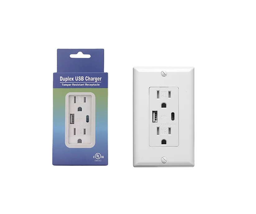UL Listed Duplex Receptacle Tamper Resistant USB Receptacle with Type A Type C USB Ports
