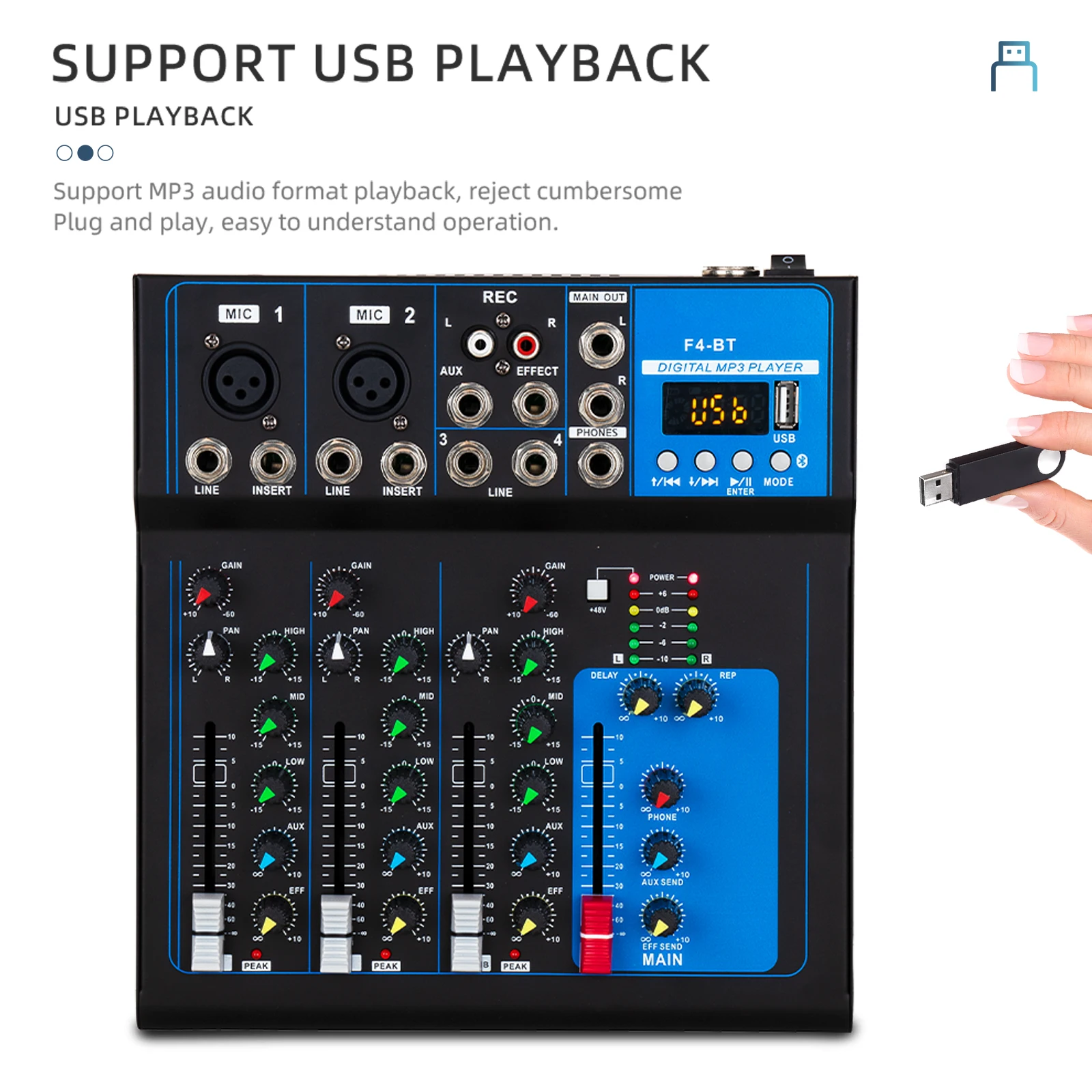 F4 4 Channel Bluetooth Mixing Console Desktop Soundboard Stereo, USB, Computer Recording, DJ Controller/Audio Console Mixer