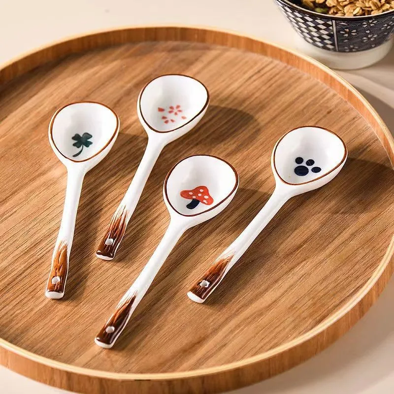 Handmade Retro Ceramic Soup Spoon Cute Personality with Simple Long Handle High Value Dinnerware for Household Use