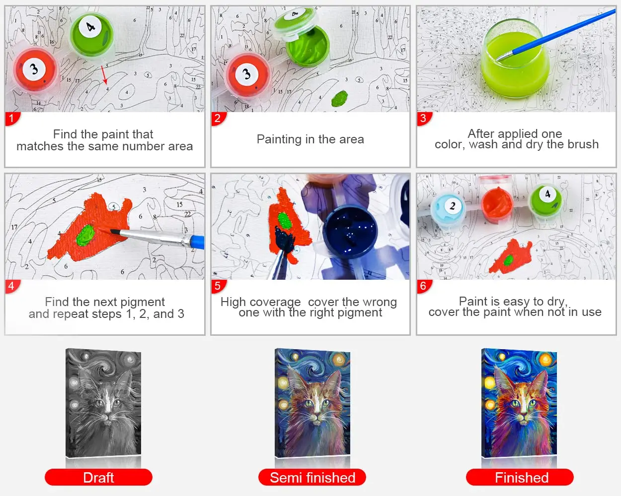 DIY Painting By Numbers For Adults Kids Color Cat 16x20 inch Animal Oil Acrylic Painting Kits With Canvas Paint Brush