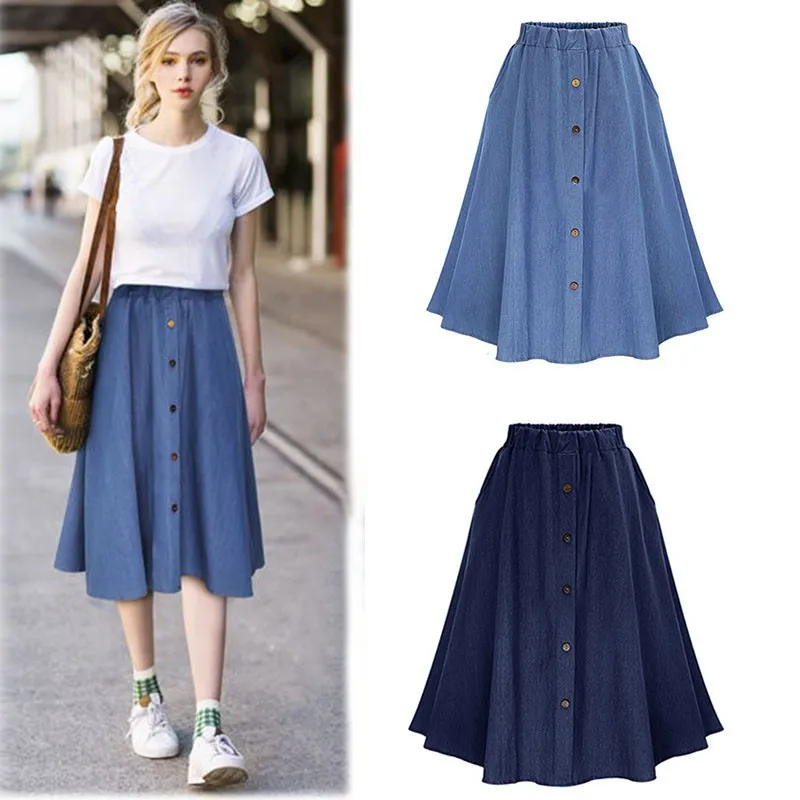 Fall Autumn Denim Blue Jeans Skirt High Waist Pleated Knee Length Jeans Skirt Women