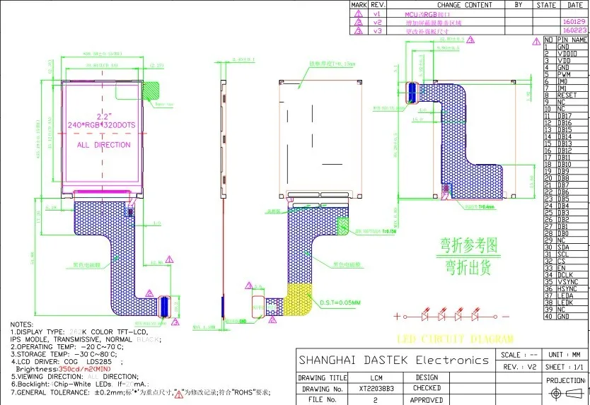 DAS Hot Sale 2.2 inch TFT LCD display 240x320 resolution Transmissive 65K colors RHos  RGB Interface for screen