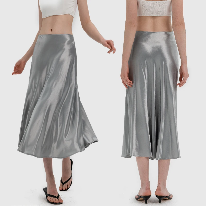Women good quality basic cut side zipper office elegant solid silk satin A-line long maxi skirt