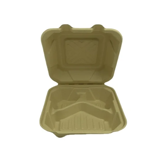9 inch square lunch box biodegradable packaging disposable takeaway 3 compartment lunch box Bagasse clamshell