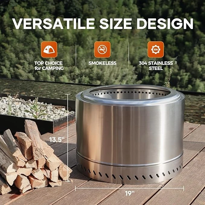19 Inch Fire Pit with Stand, Smokeless Fire Pits for Outside Patio Camping,Large Smokeless Firepit with Removable Ash Pan