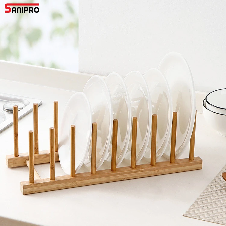 SANIPRO Supermarket Durable Bamboo FreeStanding Cup Drying Holder Dish Drainer Wooden Kitchen Utensil Plate Storage Racks