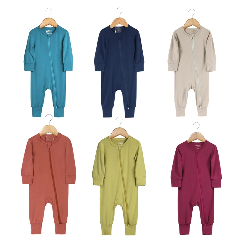 Newborn Baby Double Zipper Romper  long sleeve Solid baby Covered hands and feet Pajamas wholesale bamboo baby romper