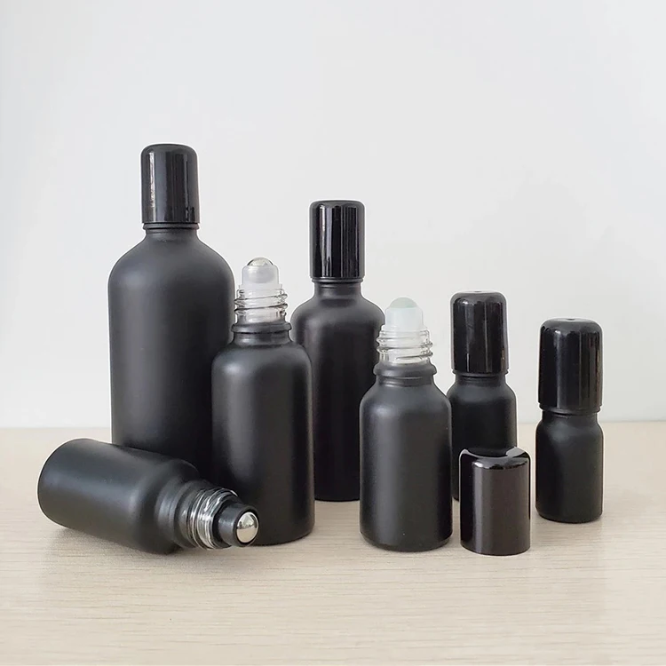 Empty 1 oz 2oz 10 30 ml custom made Matte Glossy Black Glass Boston Round Bottle with drops lid
