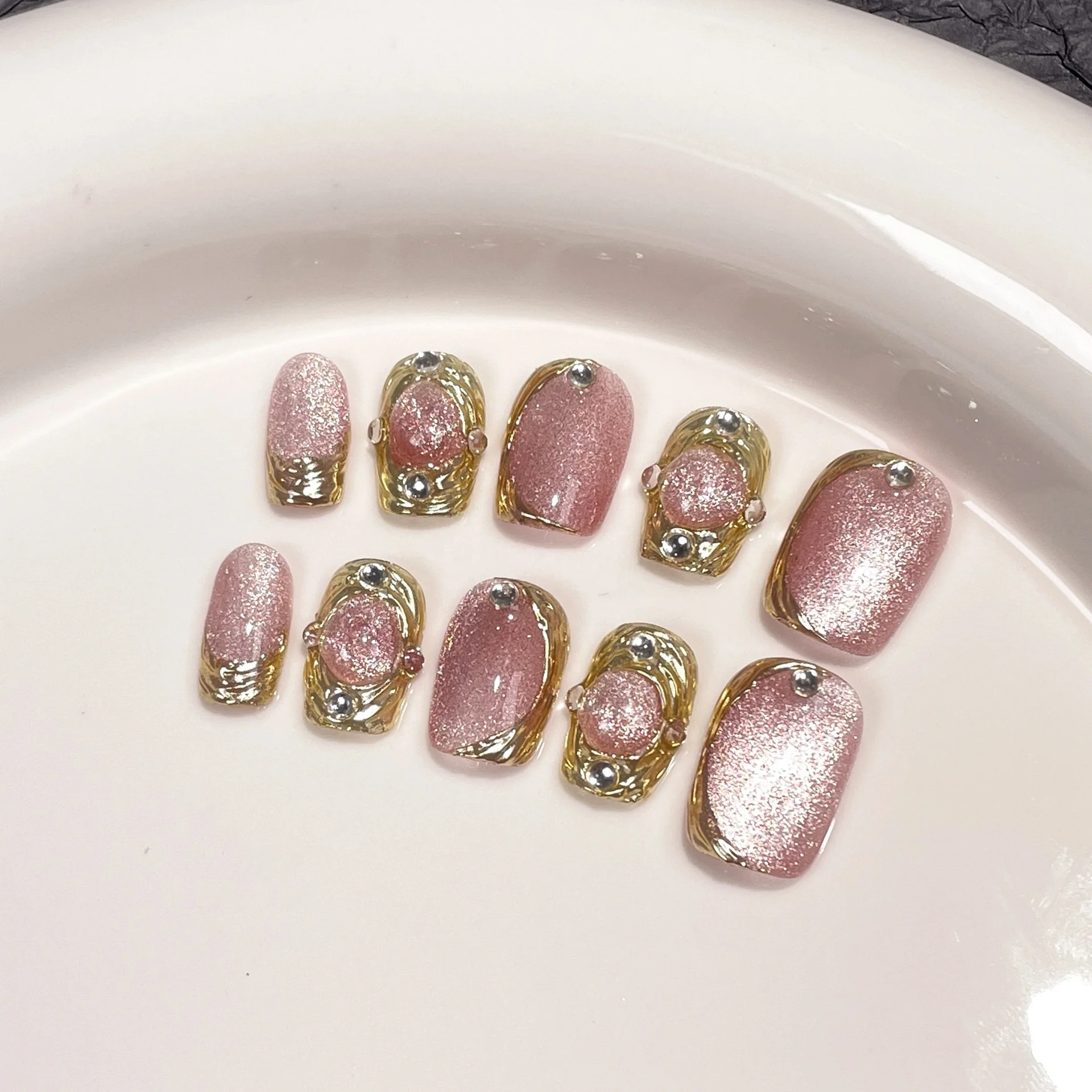 Wholesale Ready Stock Pink Rhinestone Artificial Fingernails Nail Art Short Square Handmade Press on Nails