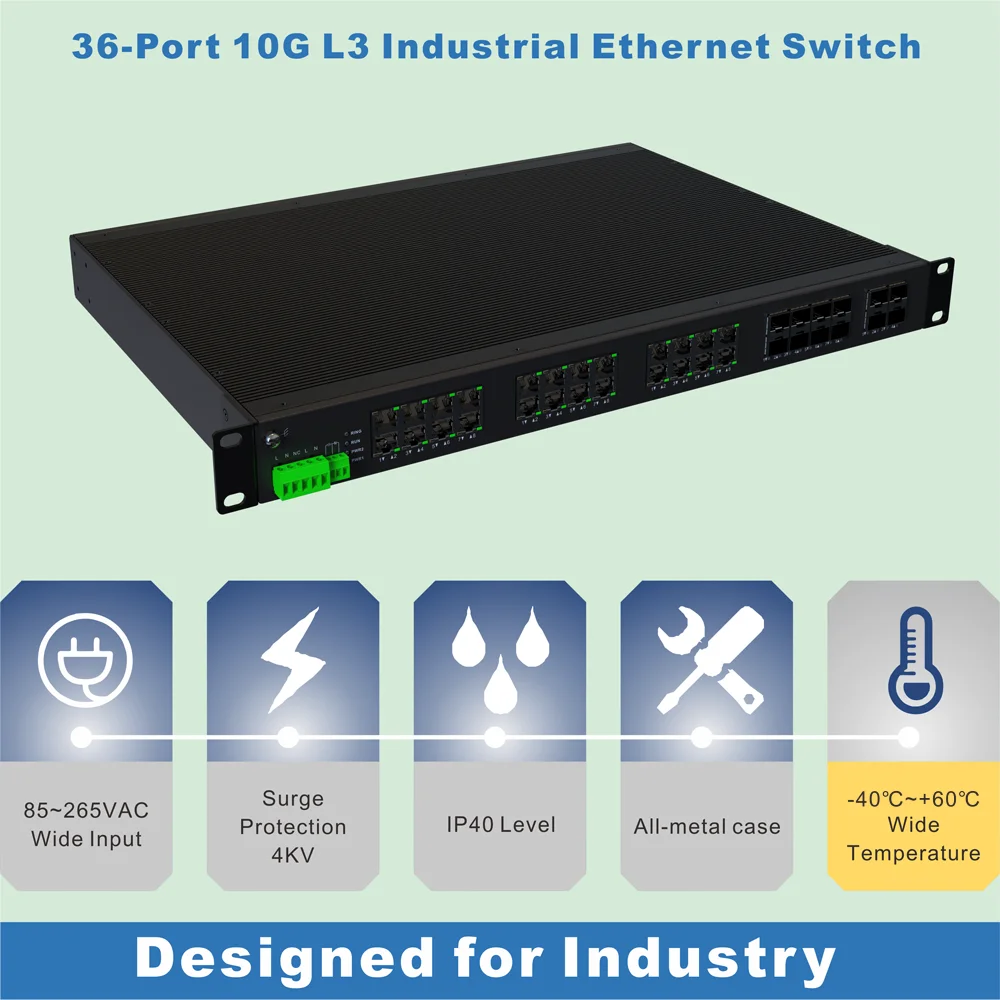 85-265VAC 8 1000M 250W Poe+ RJ45 24 SFP 36 Ports L3 Industrial Ethernet Network POE Switch