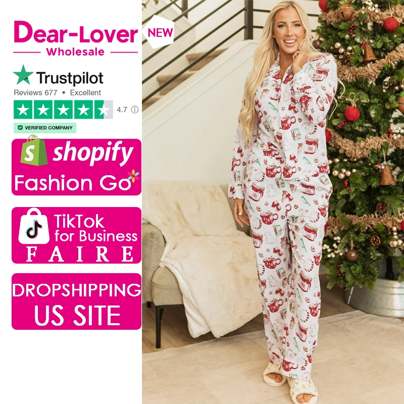 Dear-Lover Women White Christmas Pattern Long Sleeve Shirt and Pants Pajama Set