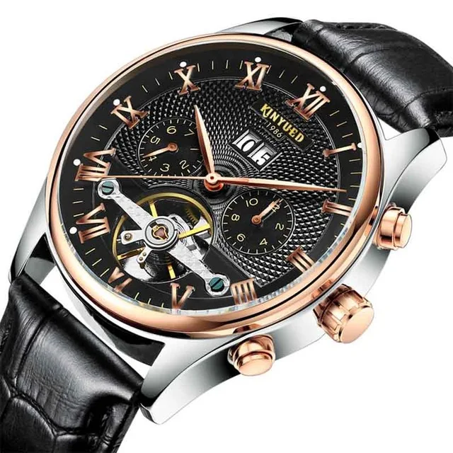 Skeleton Tourbillon Mechanical Watch Men Automatic Leather Mechanical Wrist Watches Reloj Hombre 2019 KINYUED JYD-J1012