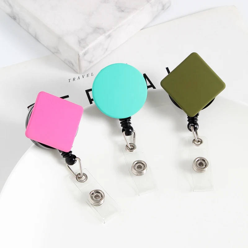 Geometric Shape Retractable Pull Badge Reel Macaron Color Zinc Alloy ID Lanyard Name Tag Card Badge Holder Reels Clips