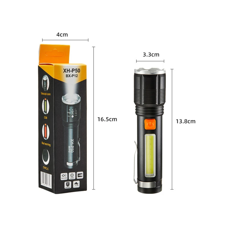 Helius Wholesale Outdoor LED P50 Beads Rechargeable Aluminum Alloy Telescopic Zoom with COB Side Light Flashlight