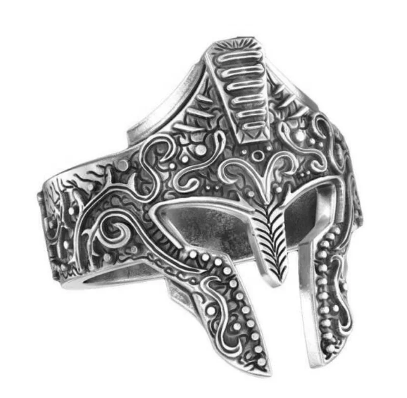 Custom fashion cool men engraved jewelry, Spartan Helmet old silver antique knight ring
