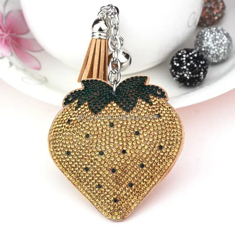Lovely strawberry keychains Bling Crystal Rhinestone Key Chains Cute 3d strawberry Charm keychain Fruits key ring Girly keychain