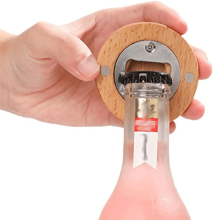 Promotional fridge magnet beer opener blank round shape wooden bottle opener for home decoration