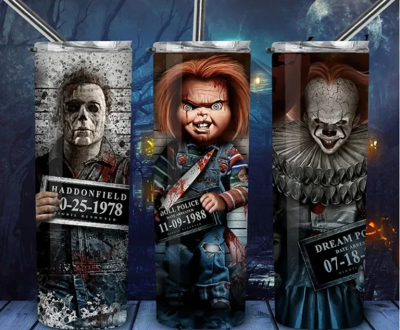 2024 custom Baby Horror Movie Characters Halloween 20oz Skinny Tumbler steel vacuum insulated water bottle for kids gift