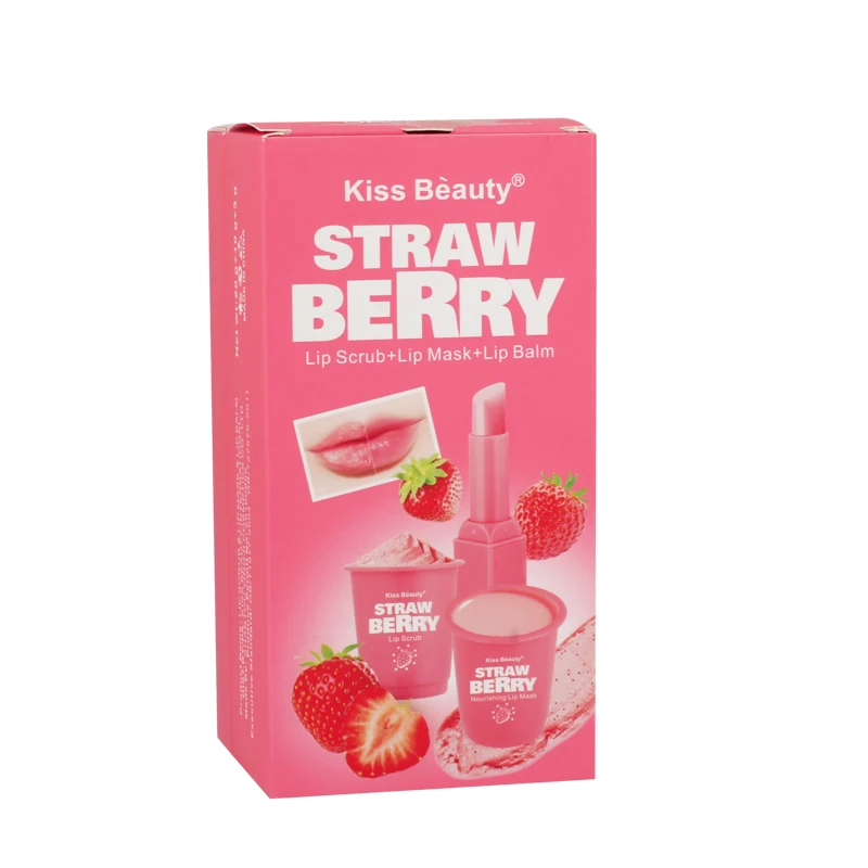 3 in 1 Lip Care Set Lip Scrub Remove Dead Skin Brighten Strawberry Lip Balm Moisturizing