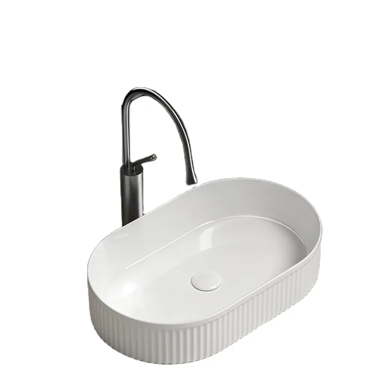 Round Vertical Striped White Countertop Basin Premium Washbasins in Hotels and Bathrooms