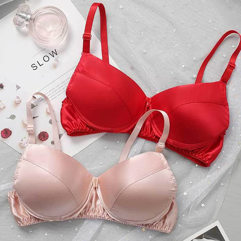 plus size woman black pink silk bra comfortable adjustable sexy breathable wireless silk lingerie bra