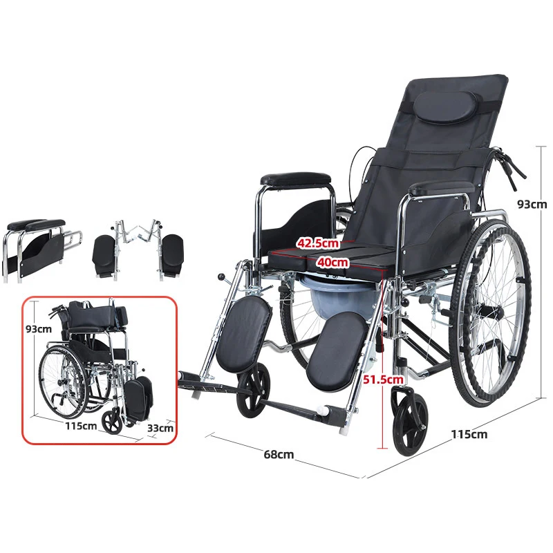 Factory High Quality Lightweight Manual Reclining Commode Wheelchair With Toilet Folding Portable Wheelchair