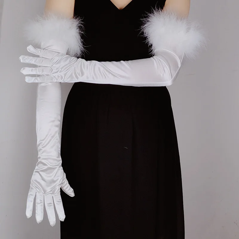 55cm Stylish retro Vintage satin black feather lace long wedding dress elastic spandex Satin 4colors gloves