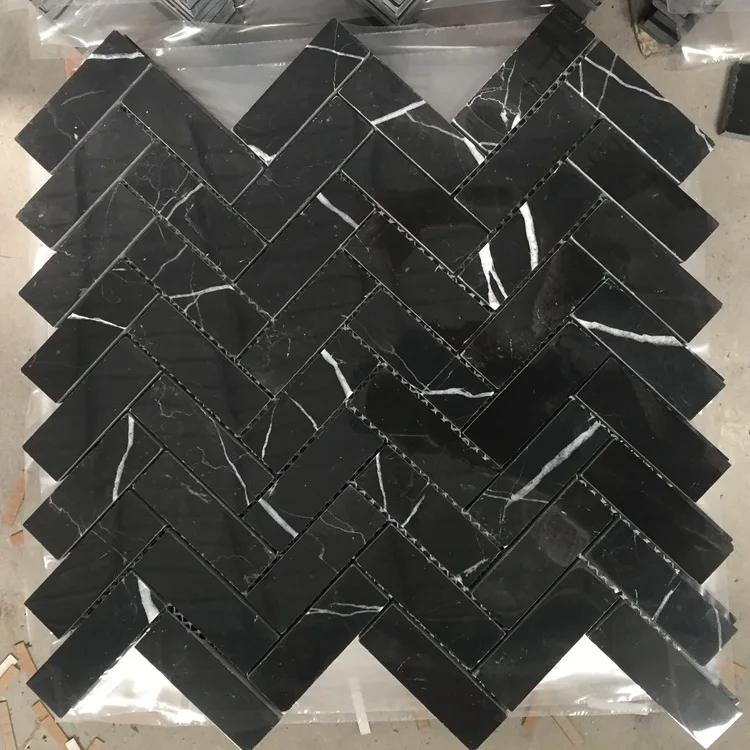Modern China Black Marquina marble Herringbone shape mosaic tiles for floor and wall