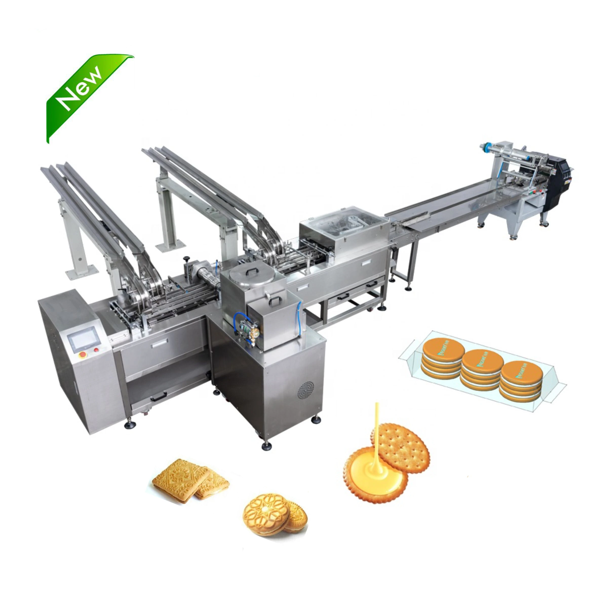 Best sell double lane cream filled biscuit sandwiching machine for making oreo biscuit and macaron  with packaging line