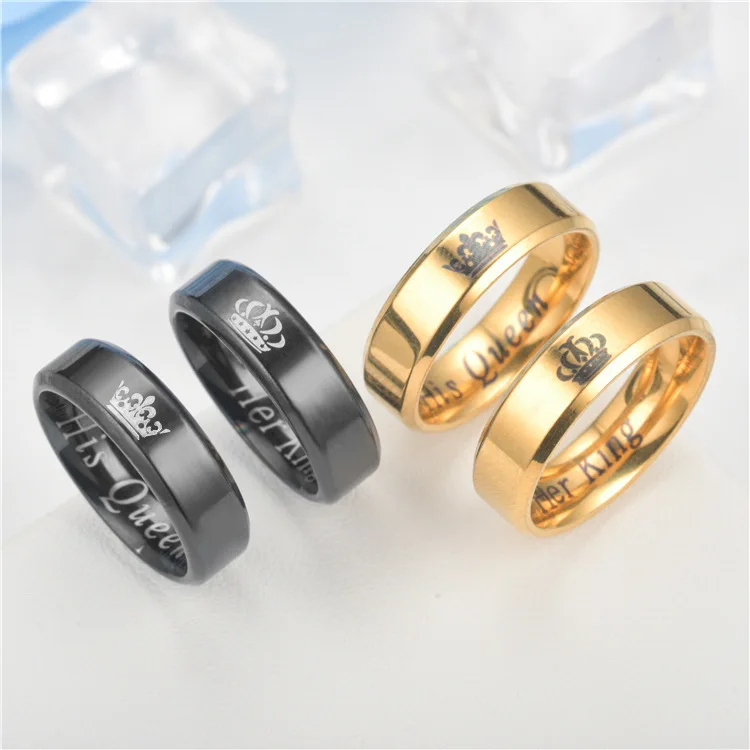 Wholesale Romantic Engraved King and Queen Rings for Couple 18K Gold Plated Stainless Steel Crown Plain Finger Rings