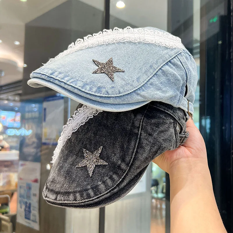 Vintage Beret New Trendy Washed Distressed Ivy Hat Jean Forward Hat Ladies Men Denim Beret Caps