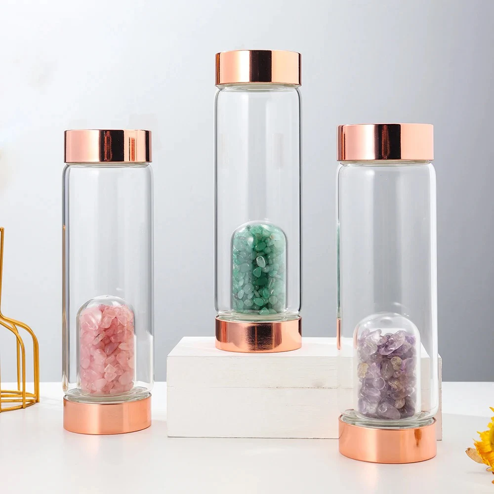 Crystal Elixir Glass Water Bottle With Healing Rose Quartz Gemstones Water Bottle For Women Promotional Gift With Logo Printing