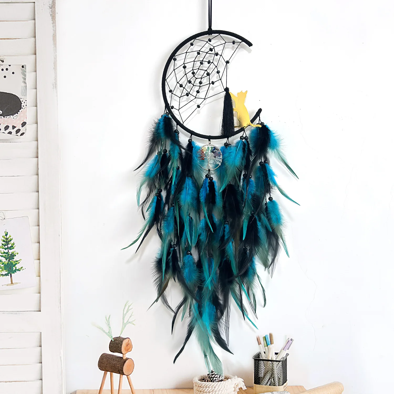 Blue Feather Dreamcatcher Tree of Life Crystal Wall Hanging Cat Pendant Handmade Black Moon Dream catcher Wall Home Decor