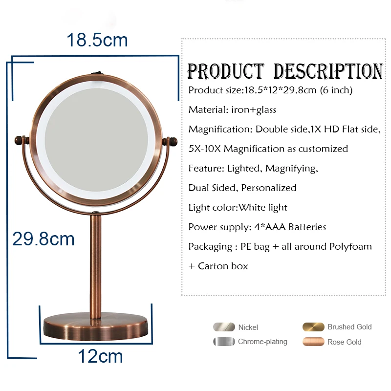quality customized round led smart makeup mirror desk Adjustable metal Stand table led lighted vanity makeup mirror with lights