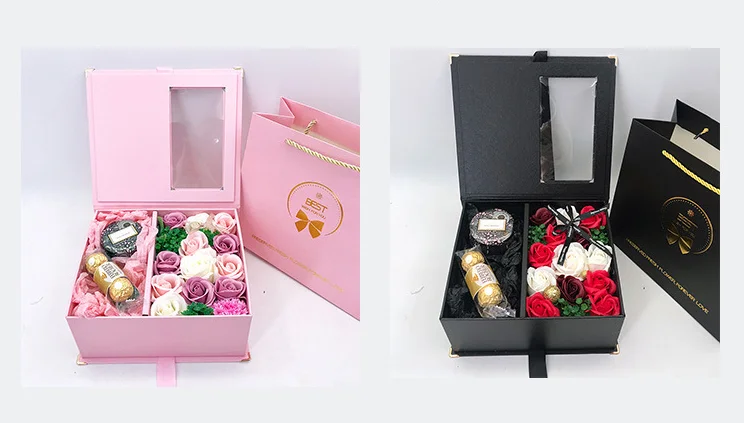 
FSC Factory Luxury Clamshell PVC Window Flower Packaging Center Parting Gift Box with Ribbon 