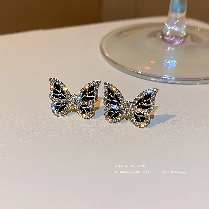 Jewelry 925 silver needle Korean elegant personality inlaid with Diamond Butterfly Earrings net red super fairy