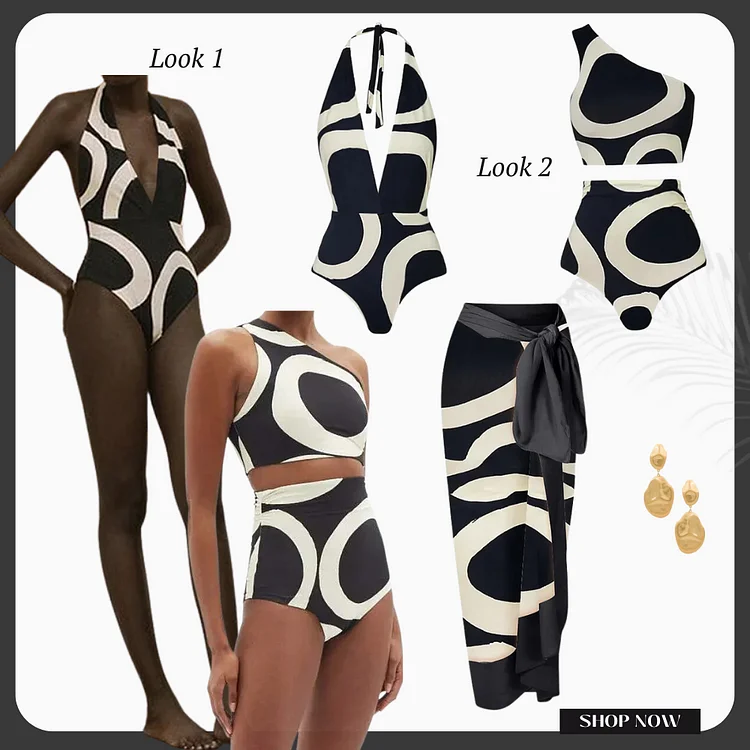 Bestway black and white print high waist deep V-neck stripping one piece Swimsuit with beach skirt halter swimwear bathing suits