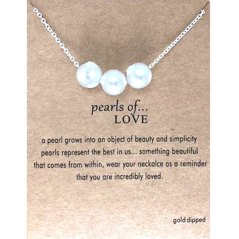 Romantic Heart Pearl Necklace Three White Pearls 14K Real Gold Necklace Card Good Luck Necklace Pendants