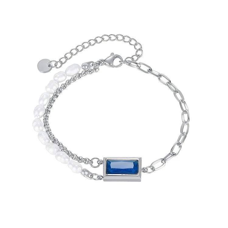 Hot Sale Gold Plated Stainless Steel Square Sapphire Pearl Designer Charm Bracelet Adjustable Hot Selling Personalized Jewelry